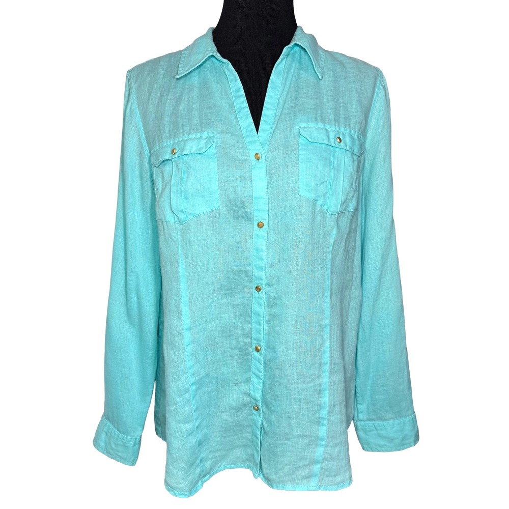 Chicos Womens Turquoise 100% Linen Button Down Roll Tab Shirt Aqua Size 1 Medium - Picture 2 of 10